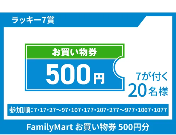 ラッキー7賞 FamilyMart お買い物券 500円分 7が付く20名様