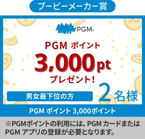 ブービーメーカー賞 PGMポイント 3,000pt プレゼント 男女最下位の方 2名様